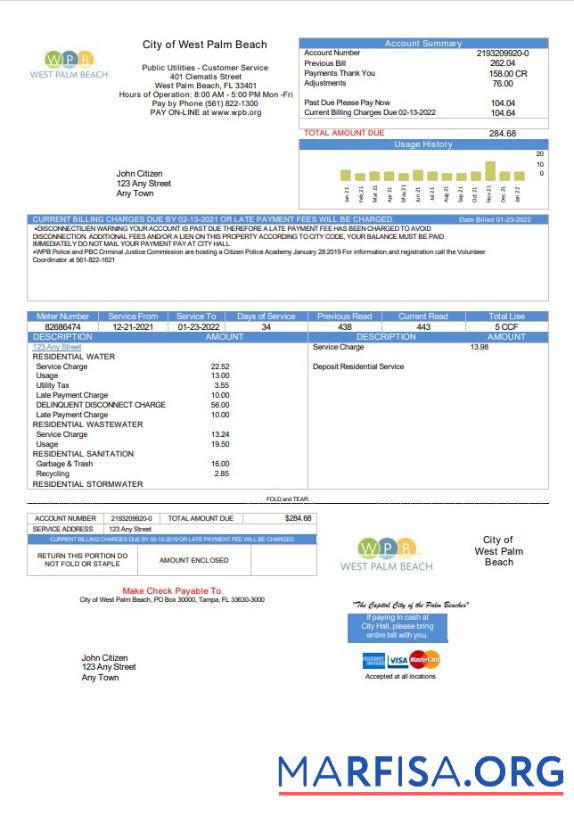 Printable USA Florida City of West Palm Beach utility bill template in Word and PDF format